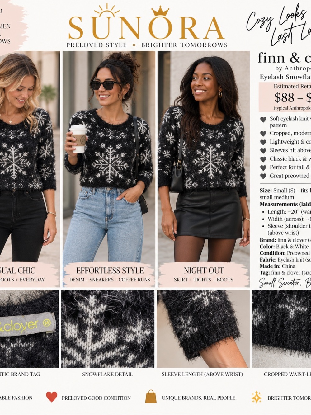 finn & clover Black and White Snowflake Eyelash Crewneck Sweater